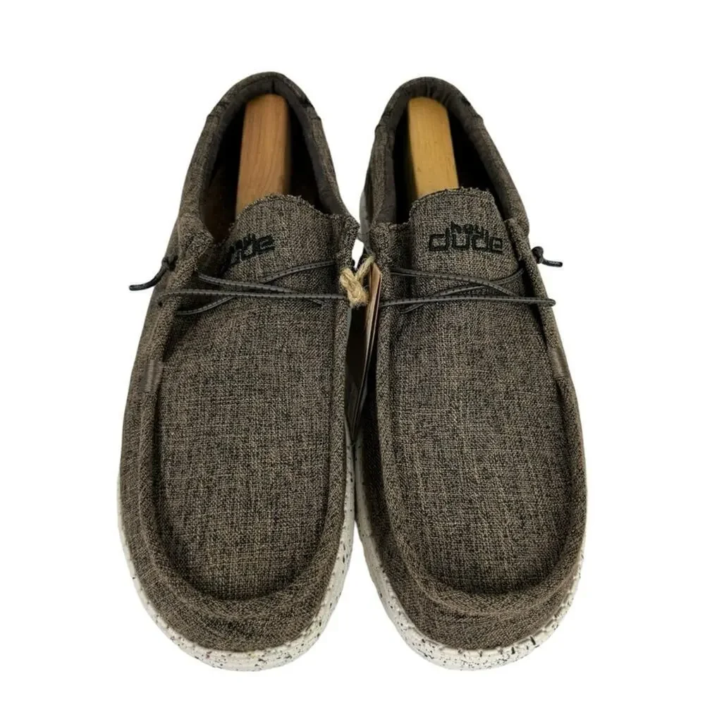 New Hey Dude Men's 14 Wally Eco Linen Loafers Slip On Shoes Dark Brown Natural